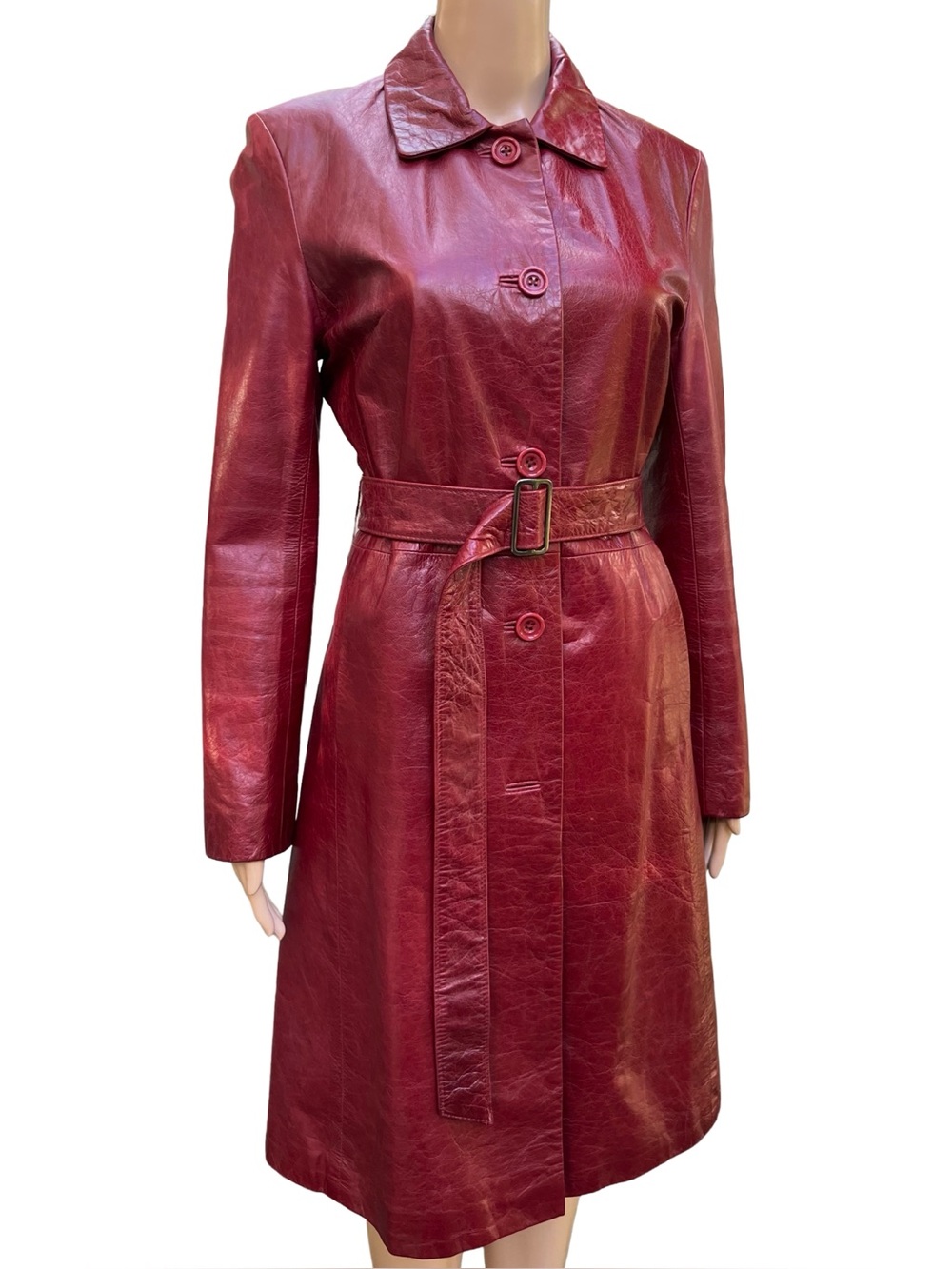 Vintage Crackle Leather Trench Coat Wine Red 8